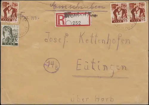 211+215 francs R-lettre de Not-R-Zettel BROTDORF sur MERZIG 19.3.1947