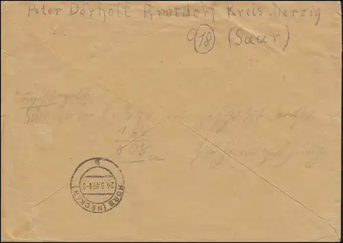 211+215 Freimarken R-Brief Not-R-Zettel BROTDORF über MERZIG 19.3.1947