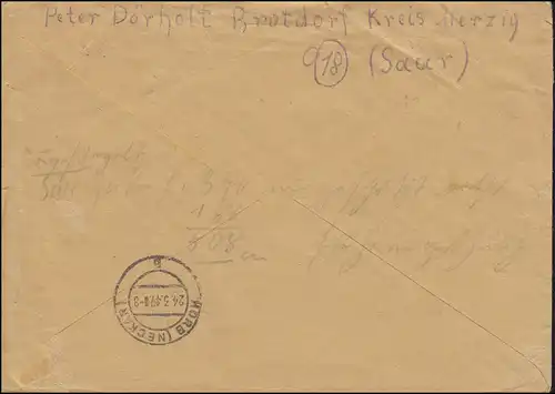 211+215 francs R-lettre de Not-R-Zettel BROTDORF sur MERZIG 19.3.1947