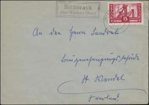 Landpost Sitzerath über WADERN (SAAR) 24.4.1956 auf Fernbrief mit 329 als EF