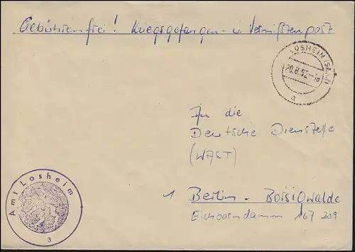 Poste de prisonniers de guerre / Poste des disparus Lettre LOSHEIM 20.8.62 à Berlin à WAST