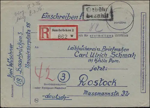 Gebühr-bezahlt-Stempel auf R-Brief SAARBRÜCKEN nach ROSTOCK 6.3.1946