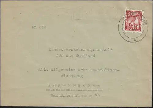 Landpost Bardenbach über WADERN (SAAR) 5.12.1951 auf Brief mit 281 als EF