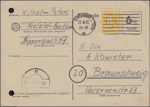 Behelfsausgabe P 671 mit AM-Post 6 Pf. von KREFELD 27.4.1946 nach Braunschweig