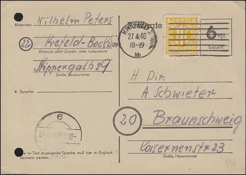 Édition d'aide P 671 avec le poste AM 6 Pf. de KREFELD 27.4.1946 vers Braunschweig