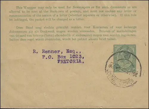 Afrique du Sud Wrapper Streifband 1/2 d Georg V. von JOHANNESBURG 20.1.25 n. Pretoria