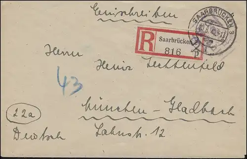 Saarland Gebühr-bezahlt-Stempel auf R-Brief SAARBRÜCKEN 3 - 20.8.1946