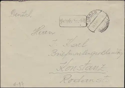 Gebühr-bezahlt-Stempel auf Brief LINDAU (BODENSEE) 14.2.1946 nach Kostanz