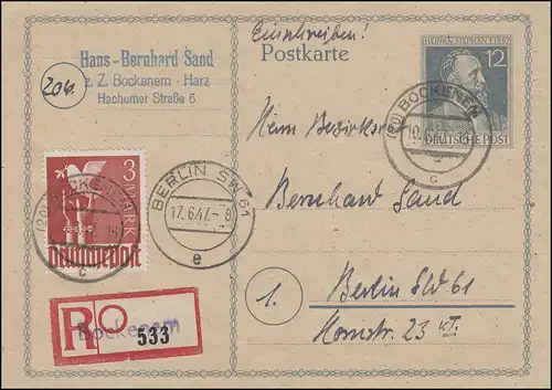961 Taube 3 Mark auf Ganzsache P 965 Stephan Not-R-Zettel BOCKENEM 10.6.47