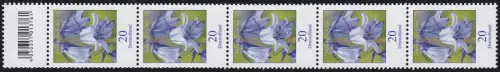 3315 Blume 20 Cent aus 500er-Rolle, 5er-Streifen mit Codierfeld, postfrisch **