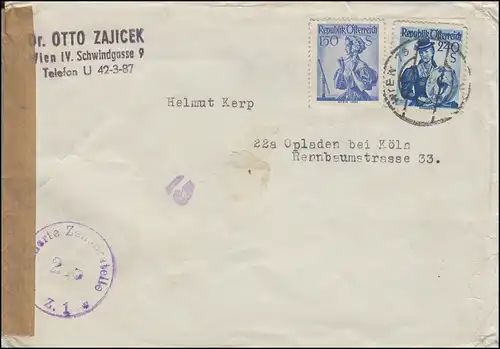 Censure Censuration alliée Z.1 - 235 Lettre VIENNE 13.9.1952 vers Opladen/Cologne