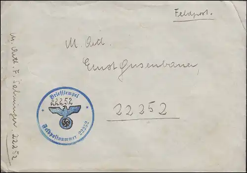 Poste de terrain BS Numéro de champ 22252 écrit sur lettre le 7.10.1941