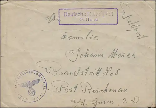 Feldpost Deutsche Dienstpost Ostland mit BS PF 41351 auf Brief an Post Reichenau