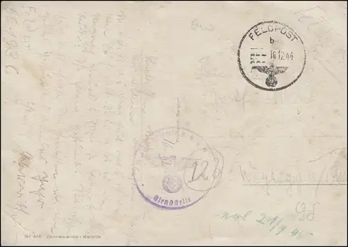 Post 18.12.1944 avec régiment d'artillerie BS, n° de FP 66193 sur carte de visualisation