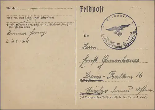Feldpost Aéroport de Francfort/M. FP-N° L 28134, carte écrite 10.3.1940