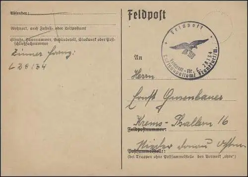 Feldpost Aéroport de Francfort/M. FP-N° L 28134, carte écrite 10.3.1940