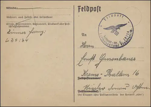 Feldpost Luftgaupostamt Frankfurt/M. FP-Nr. L 28134, Karte geschrieben 10.3.1940