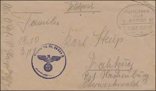 Poste de terrain BS FP N° 29524 B, lettre avec le courrier ferroviaire TUTTLINGEN-ULM 30.10.1943
