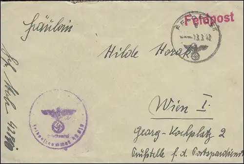 Poste de terrain BS FP n° 42810 sur lettre FELDPOST e 13.3.1942 à Vienne