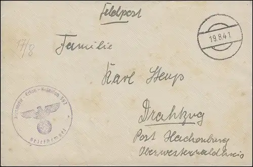 Feldpost BS Infanterie-Ersatz-Bataillon 352 auf Brief mit Tarnstempel 19.8.1941