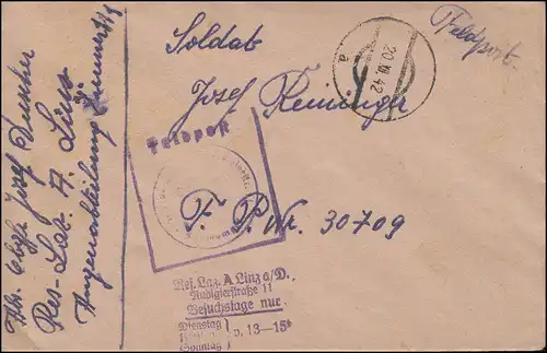 Feldpost BS mit Absenderstempel Reserve Lazarett Linz, Bf Tarnstempel 20.12.1942