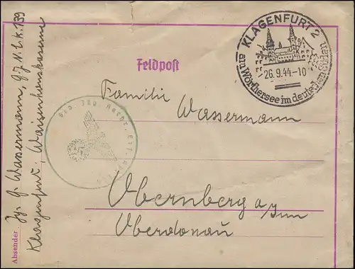 Poste de terrain BS Nouvelles chasseur de montagne cachet GRün, lettre SSt KLAGENFURT 2.9.44