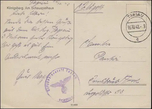 Poste de terrain BS Hôpital de réserve TAPIAU 16.10.1942 sur AK Königsberg Sauspielhaus