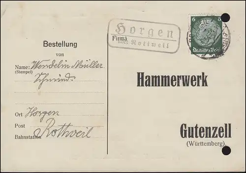 Landpost Horgen über ROTTWEIL 5.3.1934 auf Postkarte nach Gutenzell