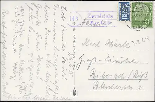 Payspost Zavelstein via CALV LAND 27.6.1955 sur AK Bad Teinach avec Zavelstein