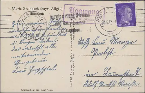 Landpost Agawang sur AUGBURG 28.12.1942 sur AK Maria Steinbach / Allgäu