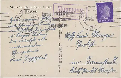 Landpost Agawang über AUGSBURG 28.12.1942 auf AK Maria Steinbach / Allgäu