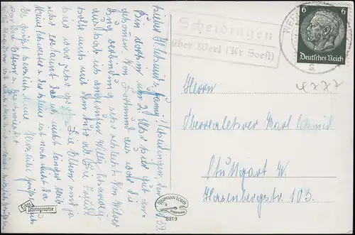Landpost Scheidingen über WERL (KR. SOEST) 6.10.1939, AK Schloss Heesen bei Hamm