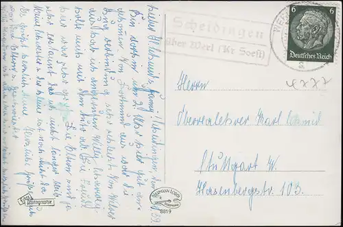 Payspost Scheidingen via WERL (KR. SOEST) 6.10.1939, AK Schloss Heesen près de Hamm