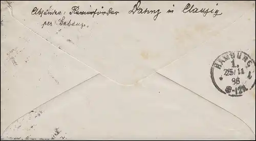 41 Reichsadler EF auf Brief Rahmenstempel LABENZ 24.11. nach HAMBURG 25.11.1886