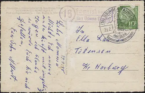Landpost Emmershausen über USINGEN (TAUNUS) SSt Wanderungen 25.2.1958 auf AK
