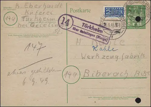 Landpost Türkheim über GEISLINGEN (STEIGE) 5.9.1949 auf Postkarte Bizone P 2I