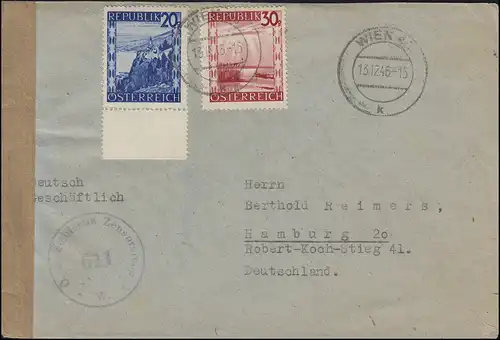 Censure autrichienne 611 W, lettre 750+753 MiF WIENNE 13.12.1946 n. Hambourg