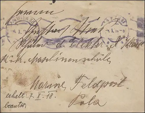 Lettre de la Marine-Feldpost 9/4 VIENNE 68 - 4.10.1918 à l'école de machines K. et K