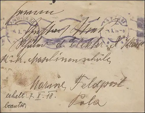 Marine-Feldpost Brief 9/4 WIEN 68 - 4.10.1918 an die K. und K. Maschinenschule