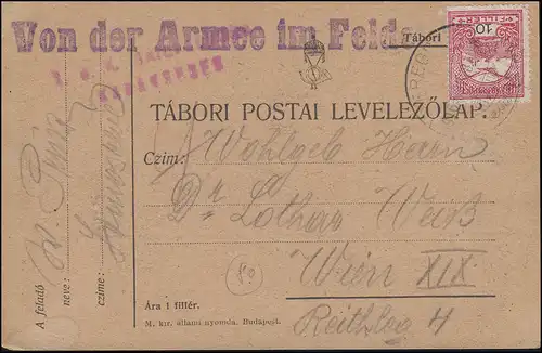 Feldpostkarte Von der Armee im Felde, Ungarn 60A TEREGOVA 28.11.1918 nach Wien