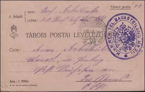 Feldpost Ungarn KuK RES. TEL. BAUABTEILUNG, TABORI POSTAHIVATAL 30 - 4.6.15