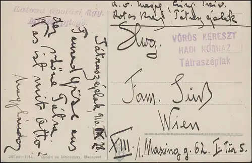 Poste de terrain Soins militaires Croix-Rouge Hôpital Tatraszeplak 28.9.1916 sur AK n. Vienne