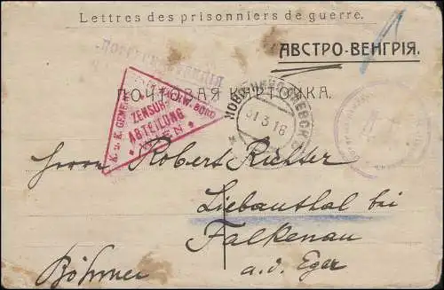 Poste de prisonniers de guerre de Russie 31.3.1916 à Falkenau avec le cachet de la censure Vienne