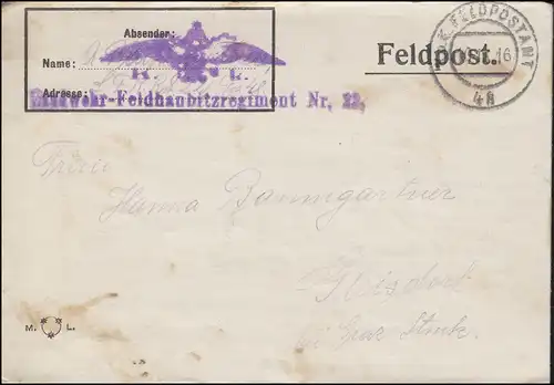 Poste de terrain BS Landwehr-Feldhaubitzregiment 22, lettre K.u.K. FELDPOSTAMT 48 (1916)