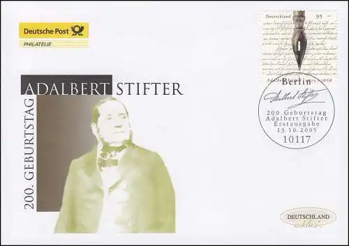 2490 Schriftsteller und Maler Adalbert Stifter, Schmuck-FDC Deutschland exklusiv