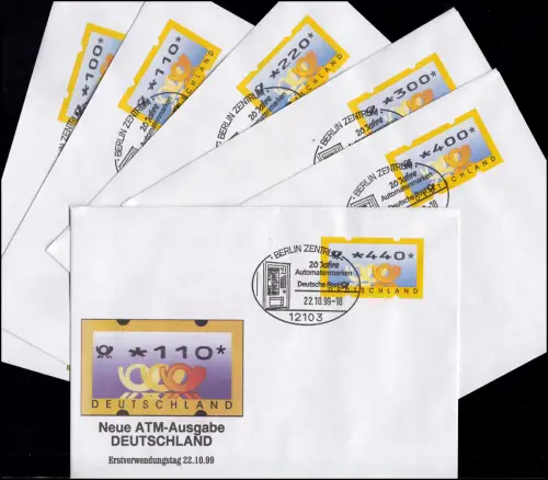 3.2 Cors postaux VS 1 ATM 100-440 Pf., ensemble sur 6 FDC avec ESST Berlin 22.10.99