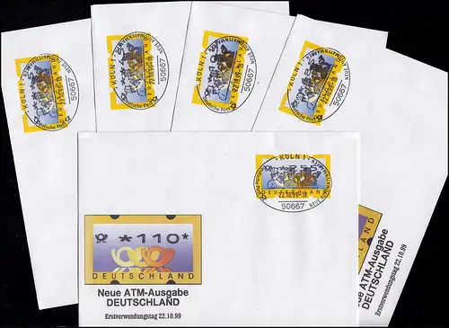 3.2 Posthörner VS-Satz 5 ATM 5-225, Satz auf fünf FDC mit ET-O Köln 22.10.99