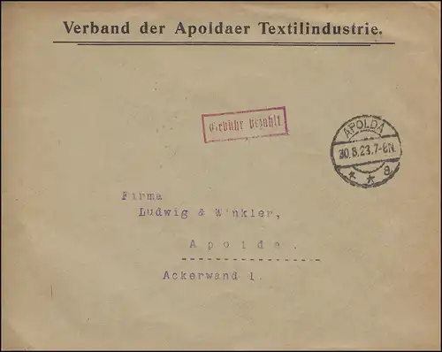 Gebühr-bezahlt-Stempel Orts-Bf Verband Apoldaer Textilintustrie APOLDA 30.8.1923