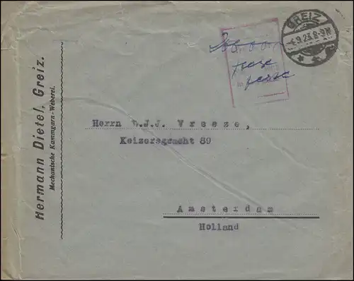 Gebühr-bezahlt-Brief handschriftlich TAXE PERCUE, GREIZ 4.9.1923 nach Amsterdam