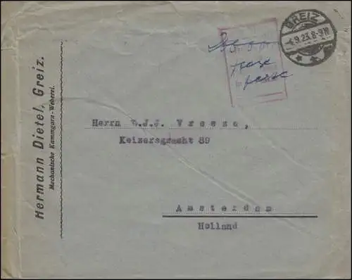 Gebühr-bezahlt-Brief handschriftlich TAXE PERCUE, GREIZ 4.9.1923 nach Amsterdam